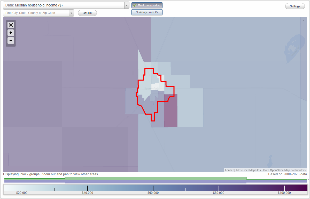 Brownfield, Texas (TX) map, earnings map, and wages data