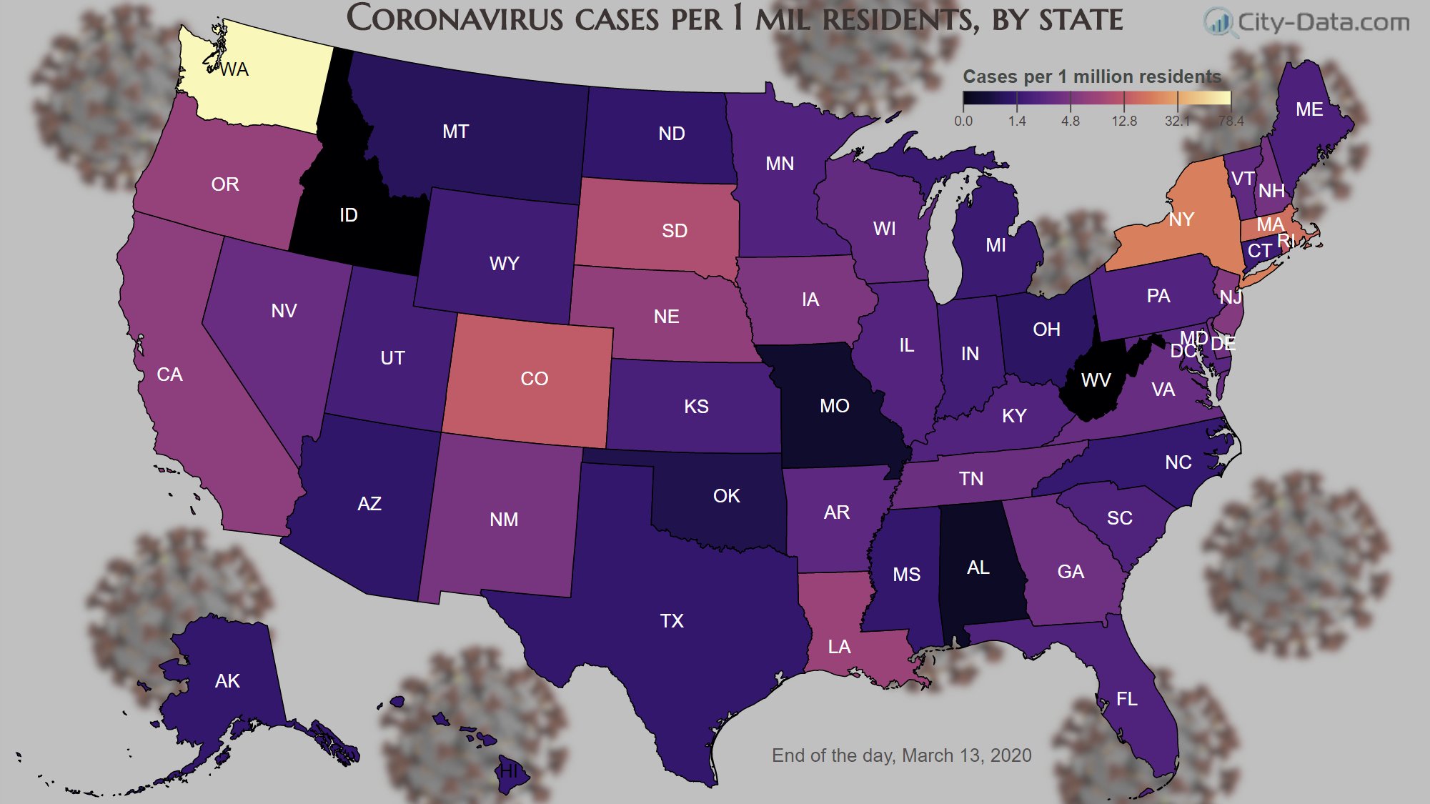Coronavirus (COVID-19) cases per 1 million residents by state